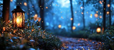 Lantern lights up path in forest, magical atmosphere. Holiday themed photo