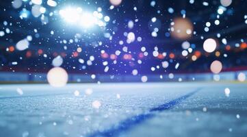 Ice rink with bokeh lights and snow for seasonal sports events advertisement photo