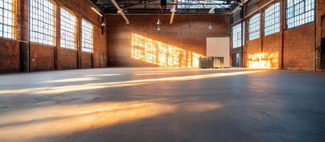Sunlight streaming into empty brick warehouse interior with concrete floor photo