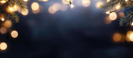 Festive lights frame pine branches against a dark background for celebration photo