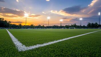 Soccer Field Corner During Sunset with Stadium Lights in the Background photo