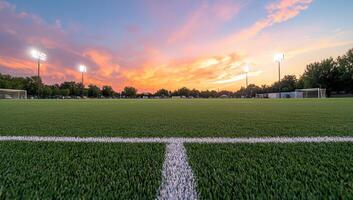 Soccer field view at sunset. Sport pitch use for team play and event background photo