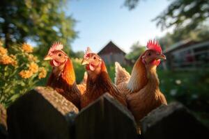 Three chickens peer over fence on farm at sunrise photo