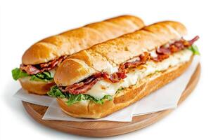 Two bacon and cheese subs on wooden board, white background photo