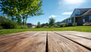 Wooden deck in suburban backyard, ideal for product placement or leisure scenes photo