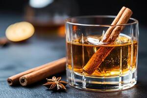 Whiskey cocktail with cinnamon sticks, ice, and star anise on dark background photo