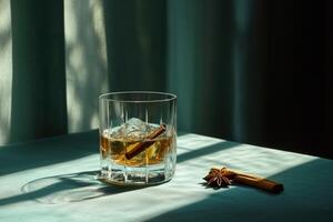 Whiskey with ice, cinnamon, star anise on table by window photo