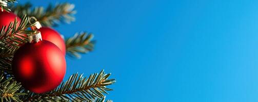 Red ornaments on a fir tree against a clear blue sky, perfect for holiday themes photo
