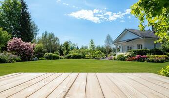 Wooden table in a blooming garden with a house, ideal for product placement photo