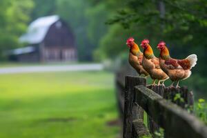Roosters on fence post, farm in background, rural scene, livestock image photo