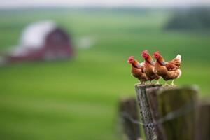 Three chickens on fence post, farm background photo