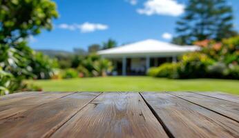 Wooden table against blurred garden and house background photo