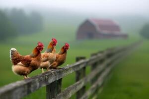 Chickens on fence, misty farm, red barn background, rural life image photo