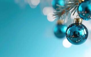 Blue ornaments on frosty branch, festive holiday background, winter celebration image photo