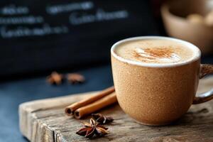 Spiced latte on rustic wood, cafe menu backdrop photo