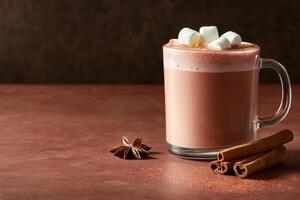 Hot cocoa with marshmallows, cinnamon, and star anise on a brown surface photo