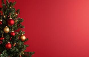 Christmas tree with ornaments on red background, holiday card photo