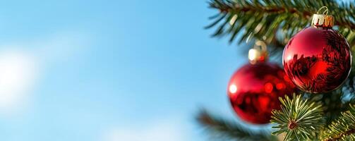 Red ornaments on Christmas tree against blue sky, ideal for holiday cards photo