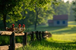 Chickens on fence at sunrise, farm in background, rural life image photo