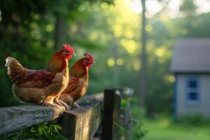 Two chickens on fence in sunrise farmyard photo