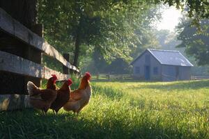 Chickens by fence in grassy farmyard with barn, sunrise photo