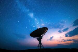 Radio telescope under the Milky Way at sunset photo