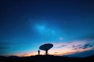 Scientist with satellite dish under starry night sky exploring space photo