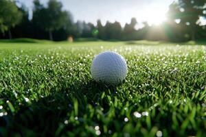 Golf ball on dewy green at sunrise, ready for a perfect tee shot photo