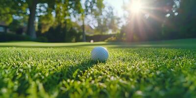 Golf ball on green grass, sunny day, background trees, sports and leisure photo