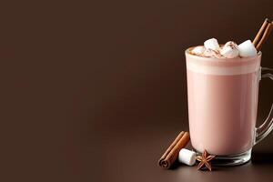 Hot chocolate with marshmallows and cinnamon sticks on brown background photo