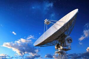 Radio telescope exploring the night sky, searching for signals, scientific research photo