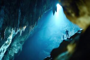 Explorers marvel at illuminated cave formations photo