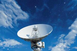 Satellite dish under starry night sky for communication photo