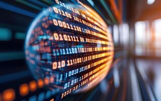 Binary code globe in server room, data flow, tech background photo