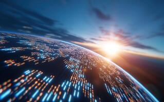 Earth at sunset with data streams, global network concept photo