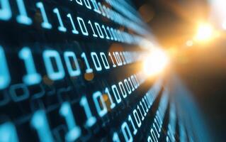 Binary code stream data flow on dark screen for digital tech background photo