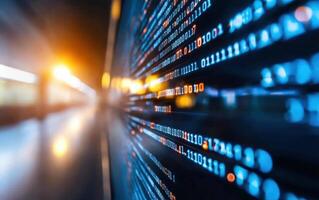 Binary code stream on screen in dark server room with blurred background lights photo