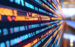 Binary code streams on digital screen, tech background photo