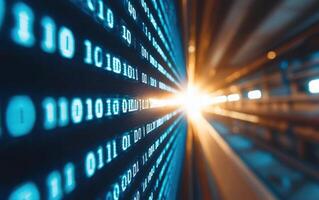 Binary code streams in tunnel with bright light, data transfer concept photo