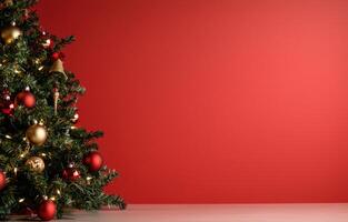 Christmas tree with ornaments on red background, copy space for holiday message photo