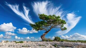 Lone tree on rocky terrain under dramatic cloudscape photo