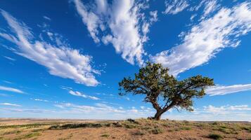 Lone tree on desert hill under vast blue sky with wispy clouds photo