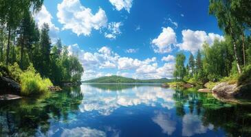 Serene lake reflection, forest shores, sunny sky photo
