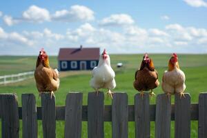 Four chickens on fence, farmhouse background, rural scene, farm life image photo
