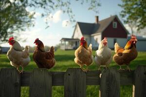 Chickens perched on fence in front of farmhouse photo
