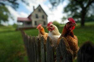 Chickens on fence, farmhouse background, farm life, rural scene, livestock image photo