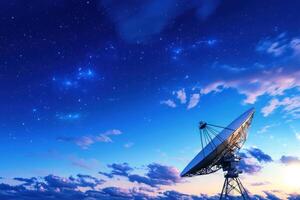 Satellite dish under starry night sky at sunset for space exploration photo