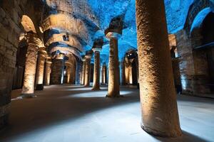 Ancient Basilica Cistern illuminated columns and arches, Istanbul photo