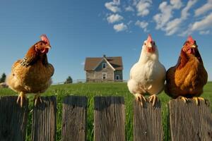 Chickens on fence with farmhouse background, rural farm life photo