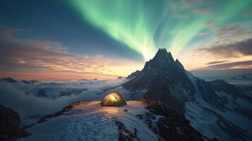 Illuminated tent on snowy peak under aurora borealis at sunset photo